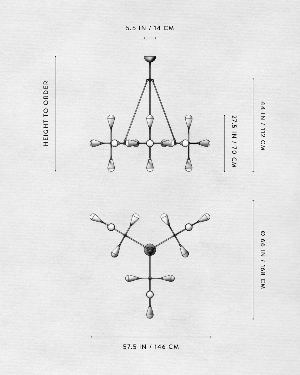 Technical drawing of a modern multi-arm chandelier with dimensions in inches and centimeters on a light background