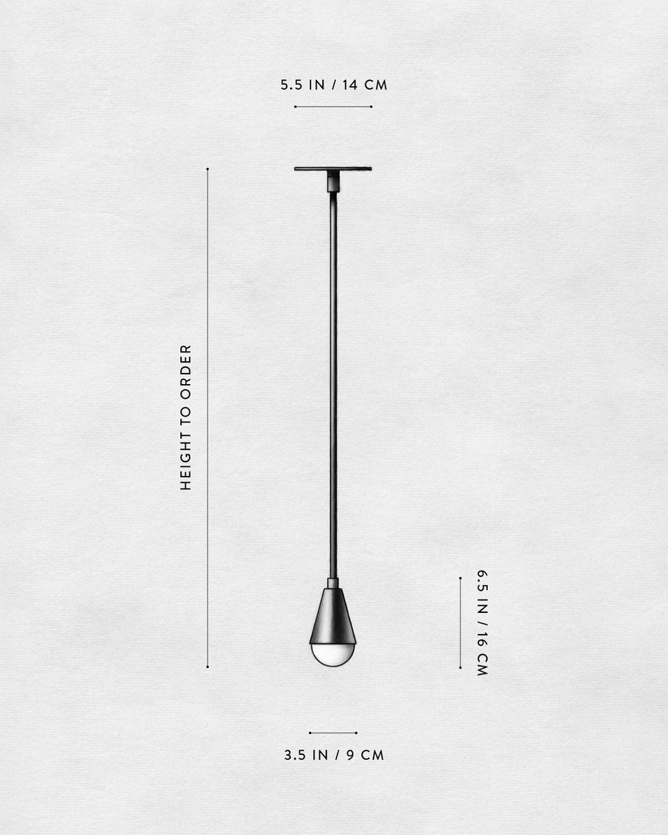 Technical drawing of a pendant light with dimensions showing height adjustable rod and tapered lamp shade length