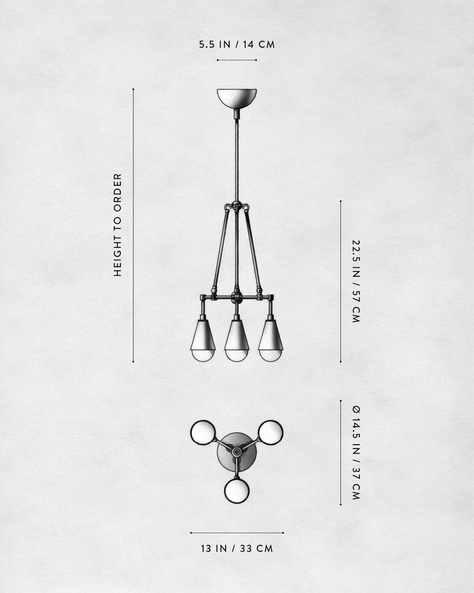 Technical drawing of a three-light pendant fixture with dimensions annotated on a light textured background