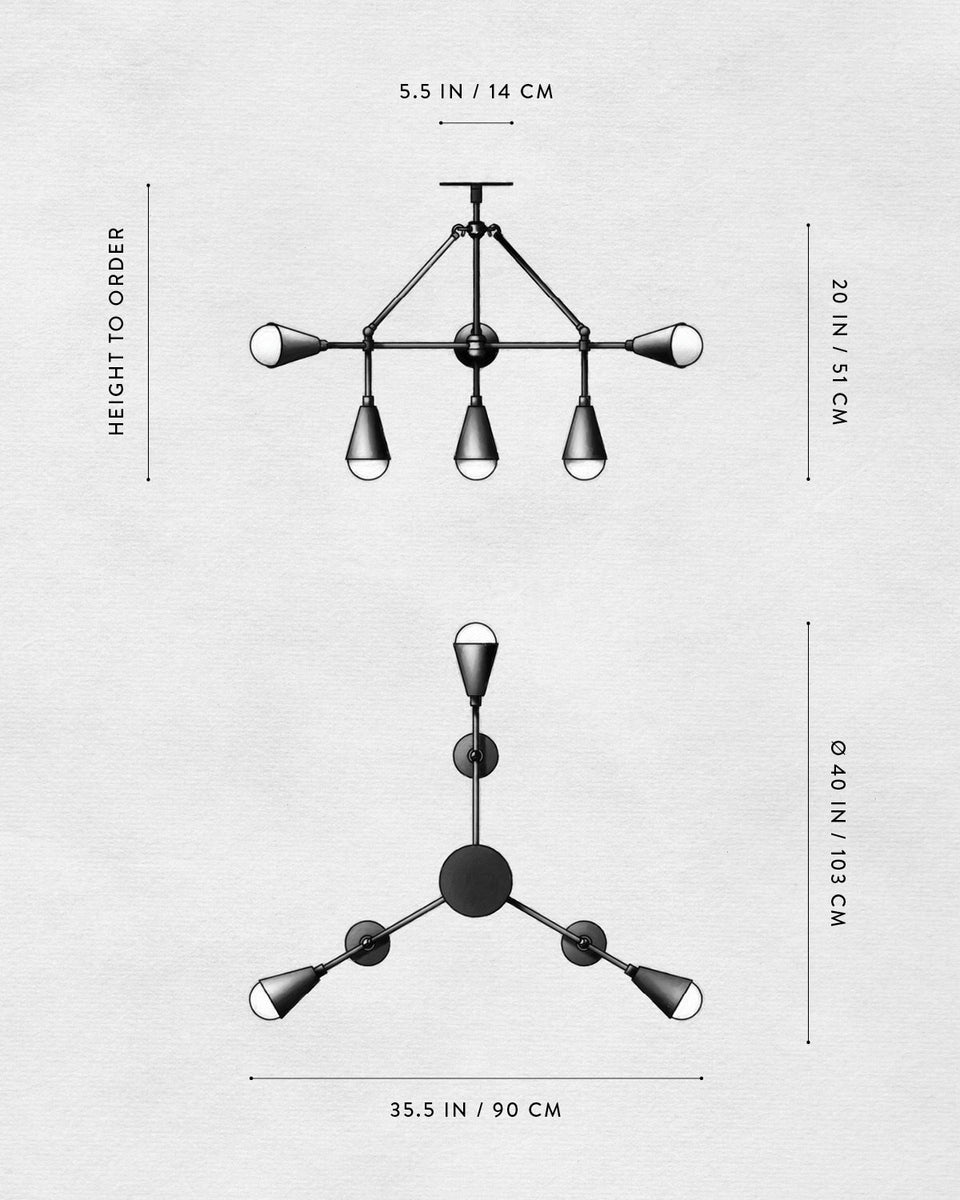 Technical drawing of a black multi-arm ceiling light fixture with dimensions labeled on a white background