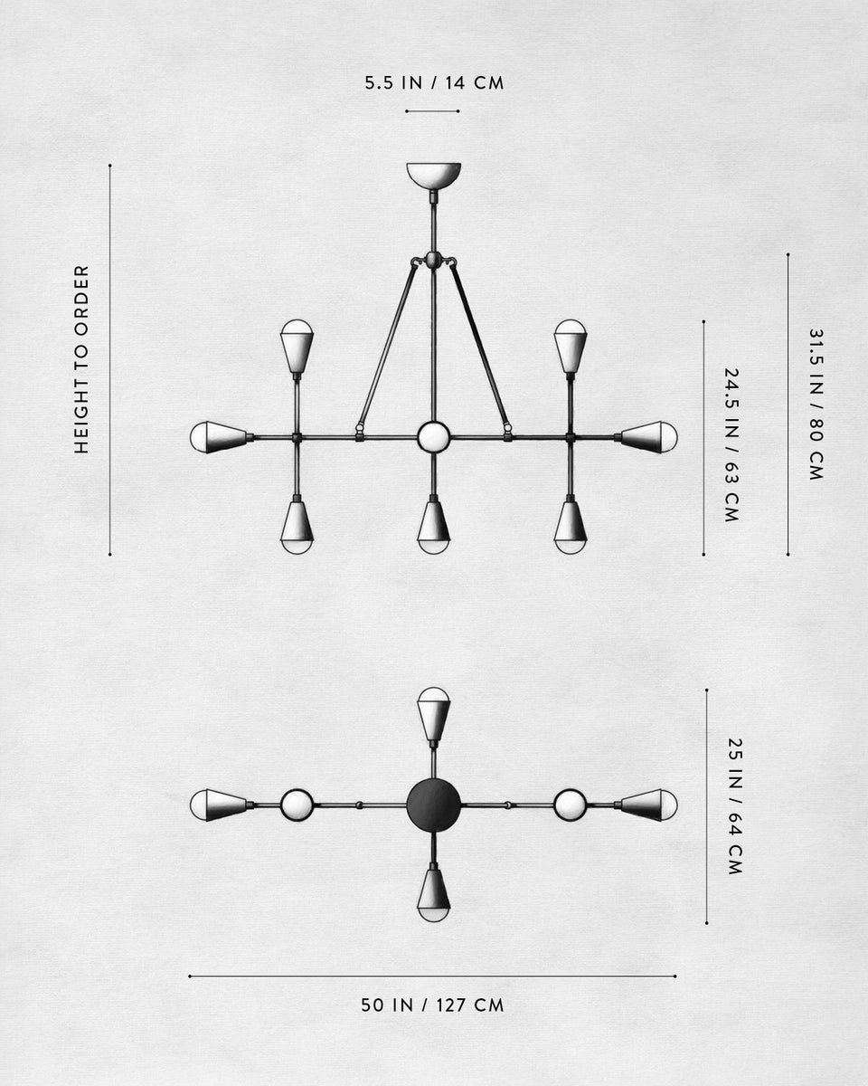 Technical drawing of a modern chandelier with measurements indicated on a light textured background