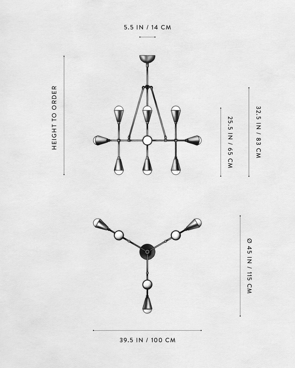 Technical drawing of a modern chandelier showing two views with detailed measurements in inches and centimeters on a plain background