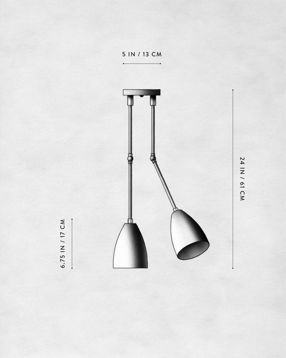 Technical drawing of a double pendant light fixture with dimensions on a textured light gray background