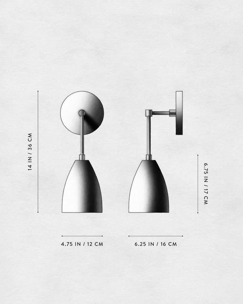 Technical drawing of a modern wall sconce with dimensions indicated in inches and centimeters on a light background