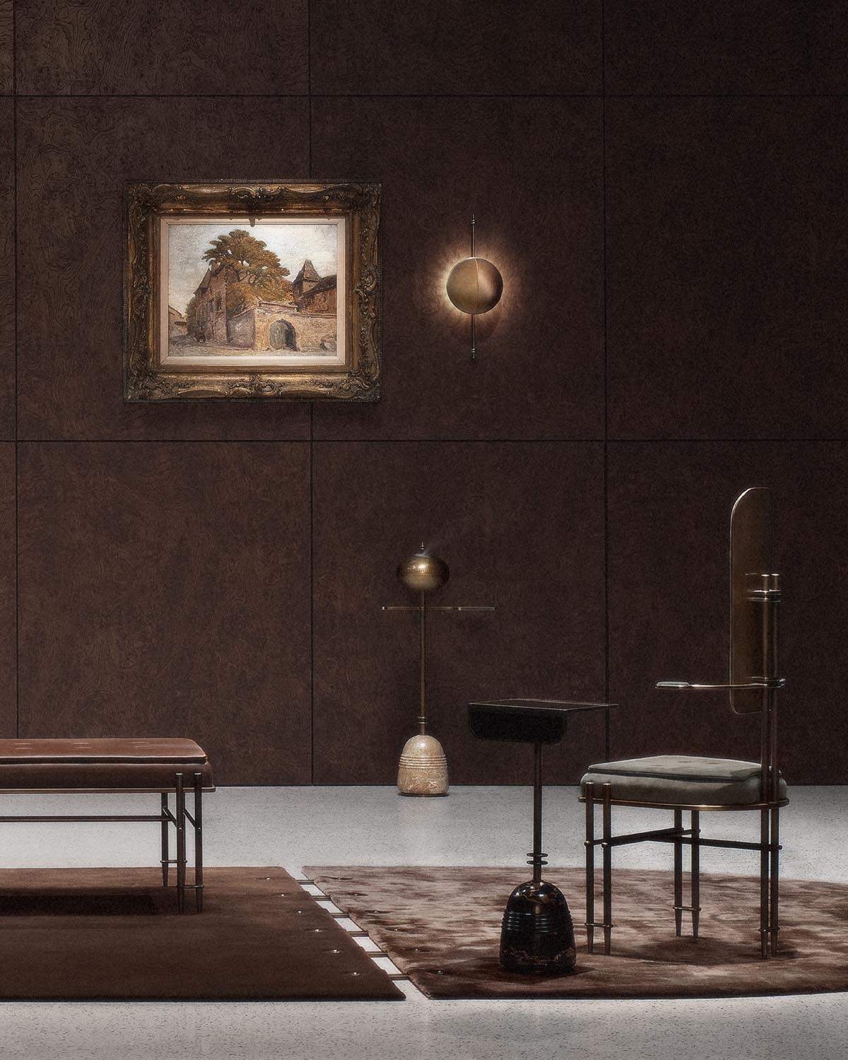 Minimalist interior with STANDBY cocktail table featuring dark metal frame and leather seat on a brown rug against textured wall