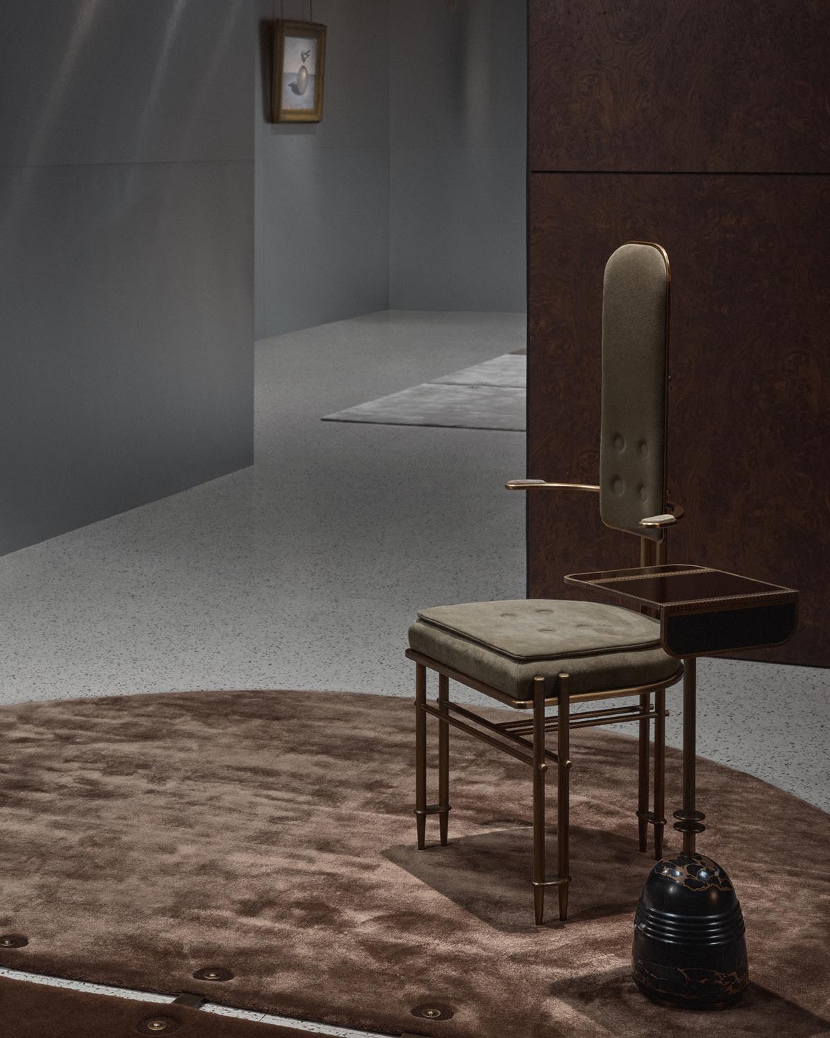 Modern chair with tall cushioned backrest and small attached side table on a round plush brown rug in minimalist room