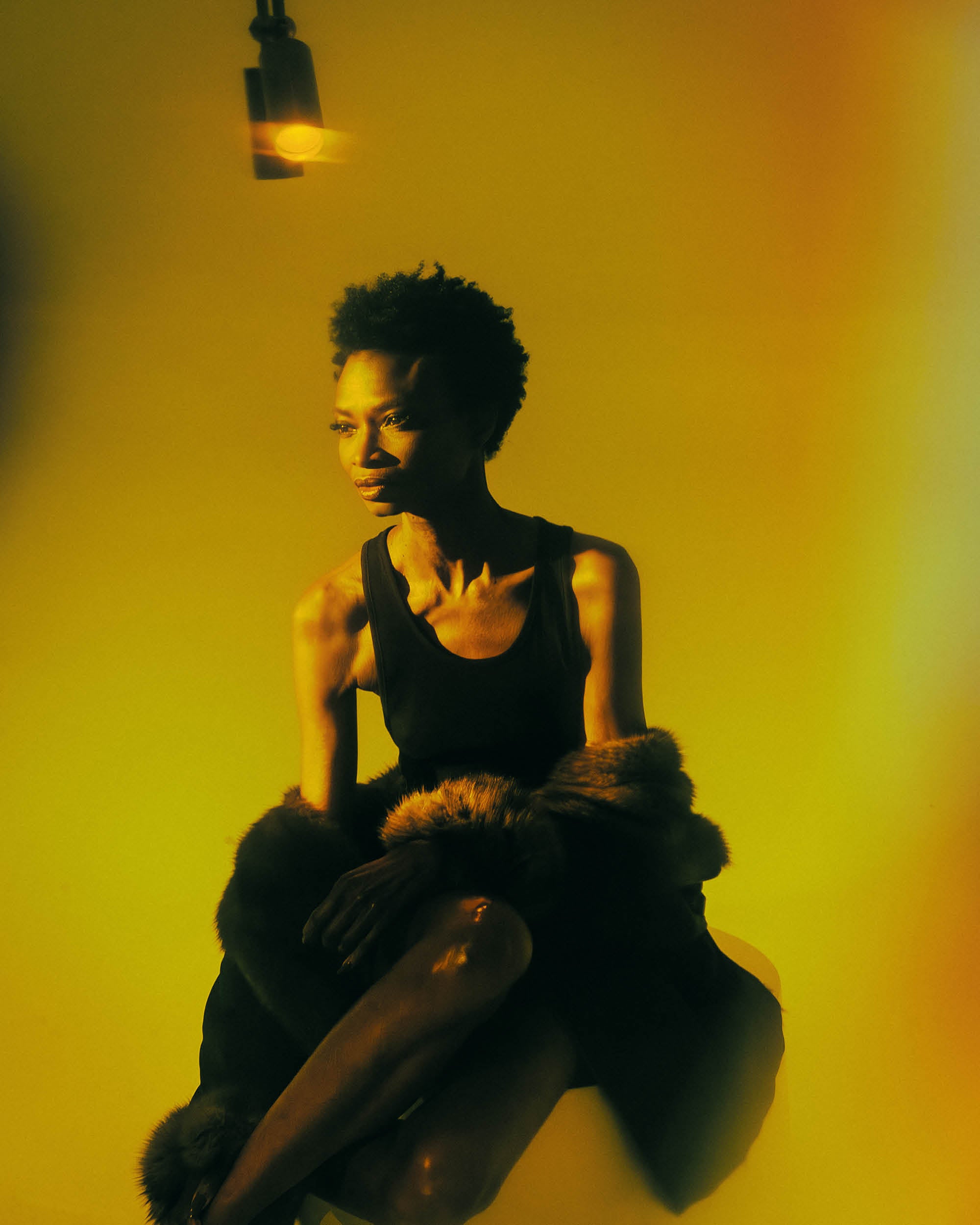 Portrait of a woman with short curly hair wearing a black dress and fur stole, illuminated by warm yellow light