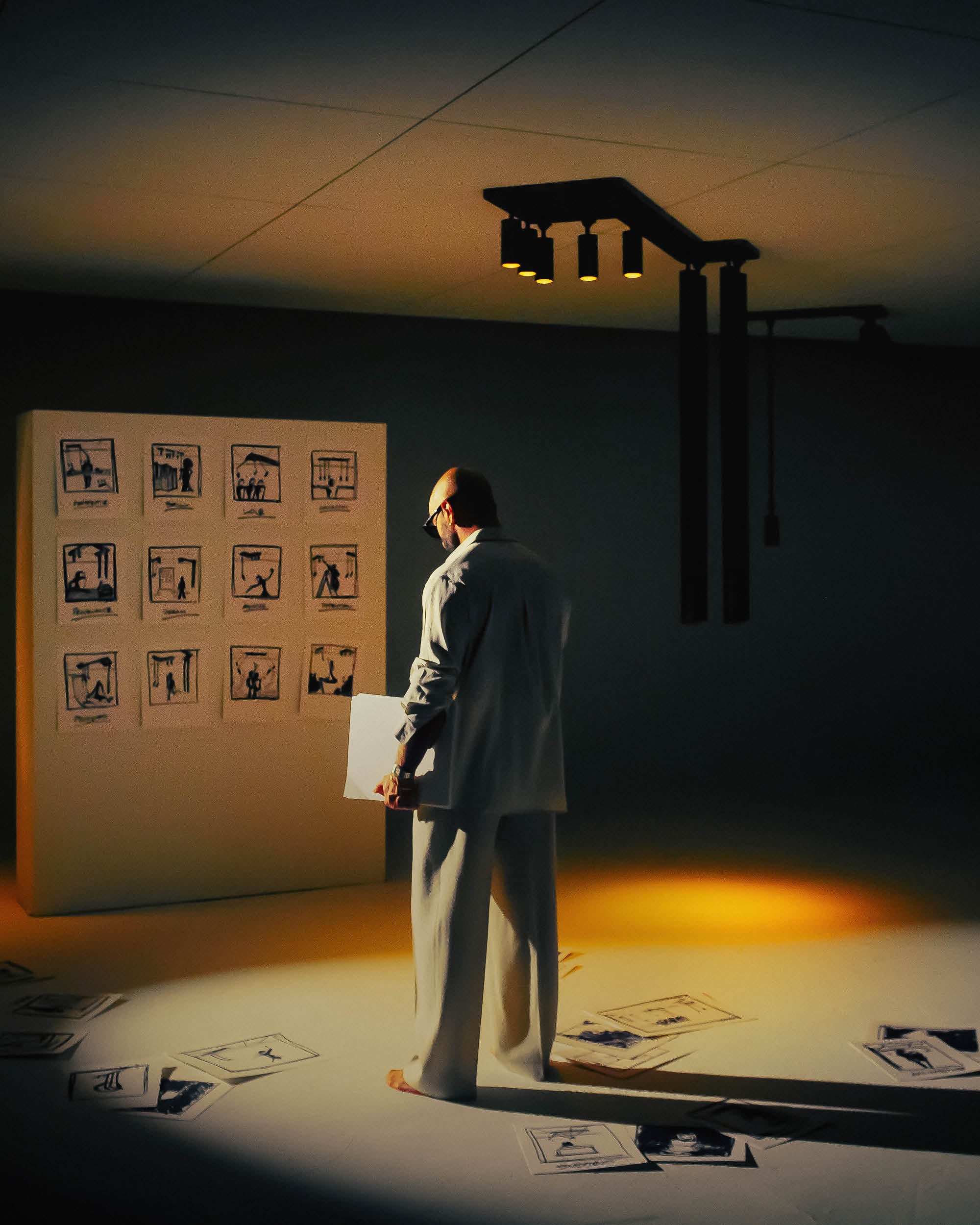 Man in white suit examining printed sketches displayed on a wall and scattered on the floor under warm overhead lights