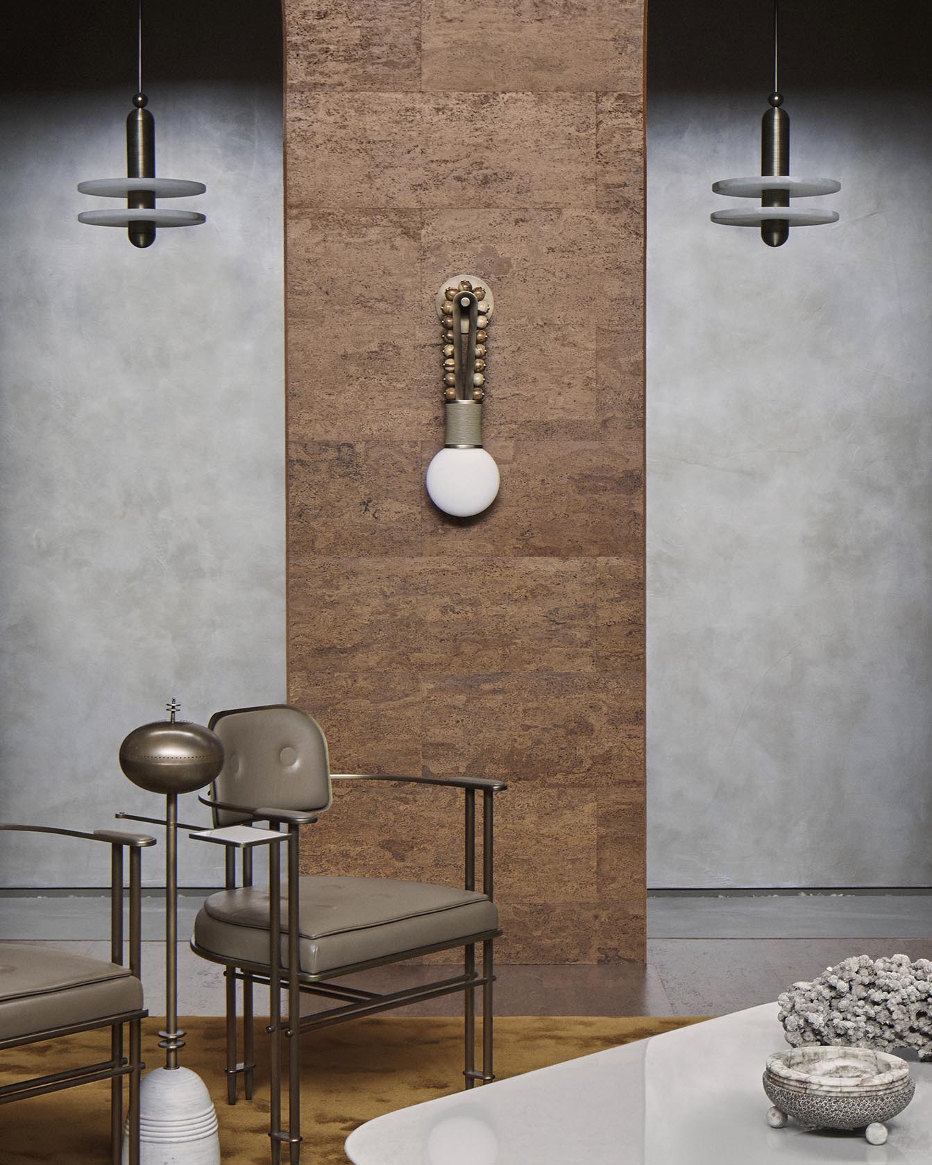 Interior featuring a TALISMAN loop sconce with round bulb on textured brown wall, flanked by pendant lights and metal frame chairs