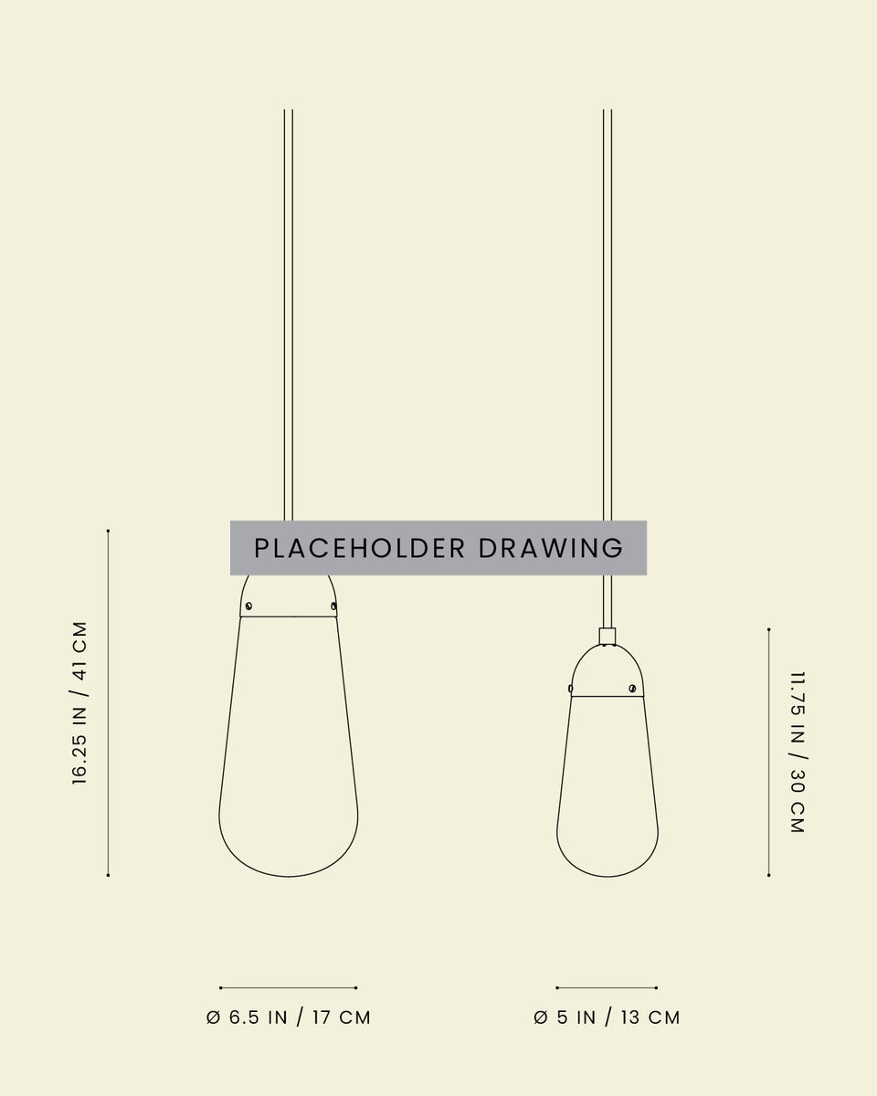 Technical line drawing of two pendant lights with dimensions indicating heights and diameters on a light beige background.